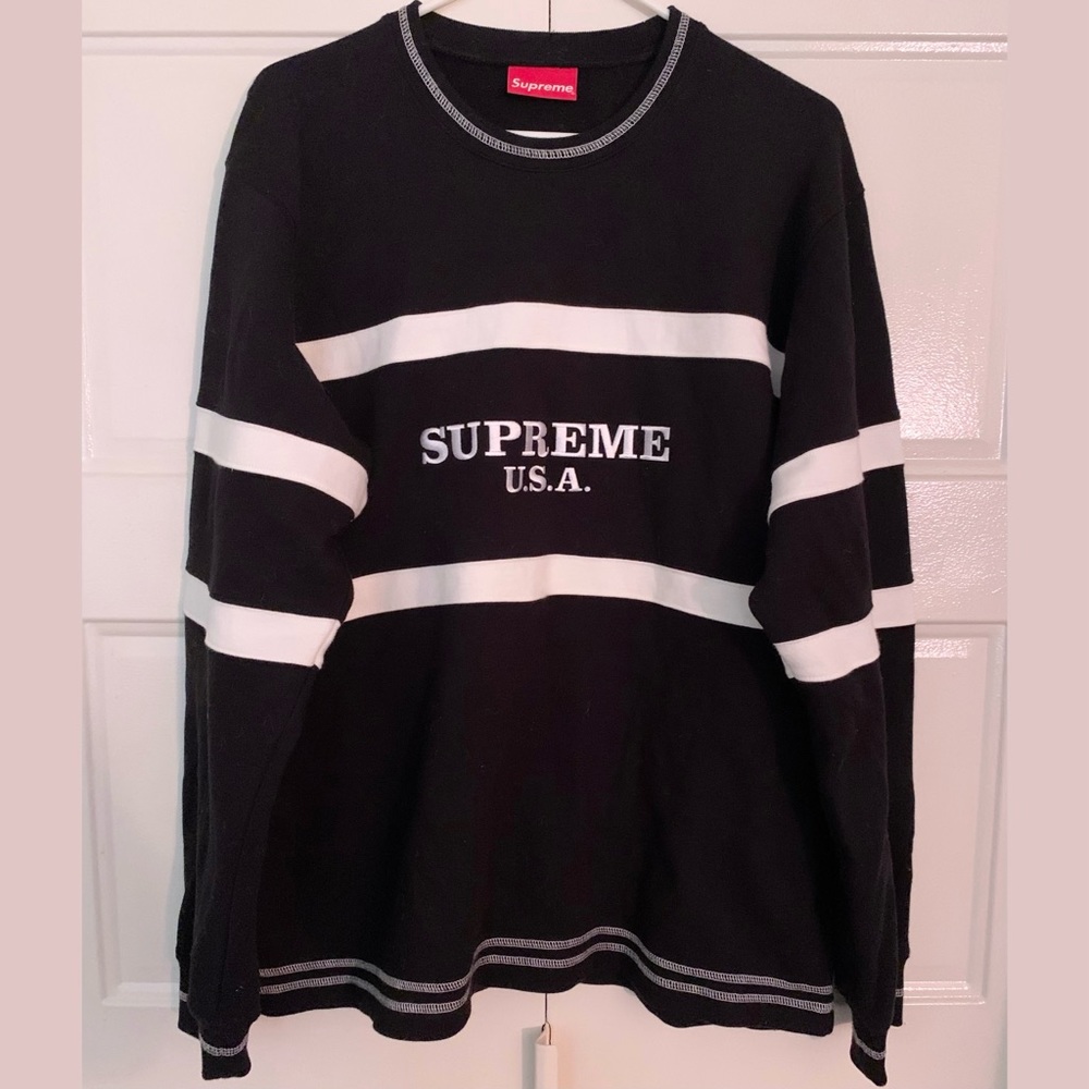 Supreme USA Center Stripe Crewneck 'Black' - Authentic